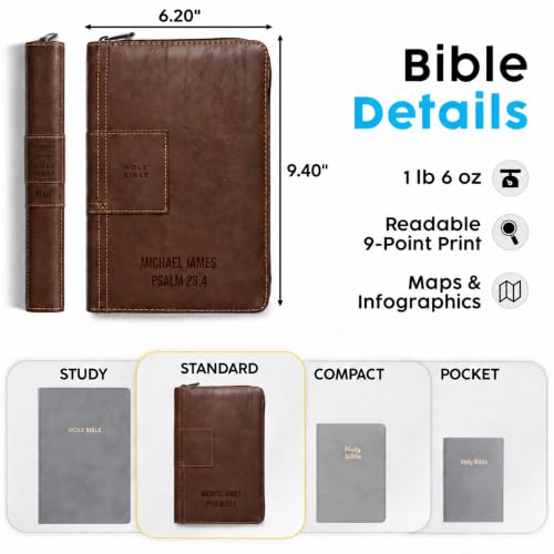 Printualist Personalized NLT Zippered Thinline Reference Bible, Engraved Name and Scripture, Red Letter New Living Translation Text, Faux Leather Gift for Travel and Church, Atlas Rustic Brown - color: Atlas Rustic Brown