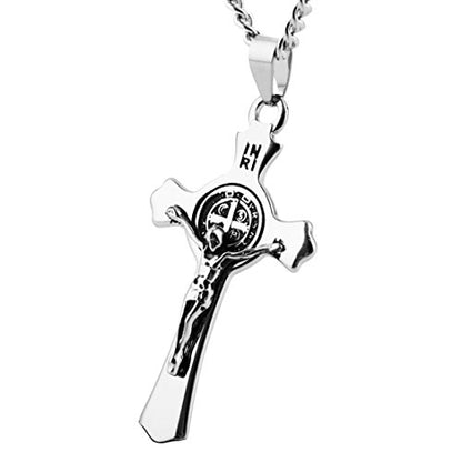 HZMAN Stainless Steel St. Benedict Crucifix Cross Necklace for Men - color: Standard Silver