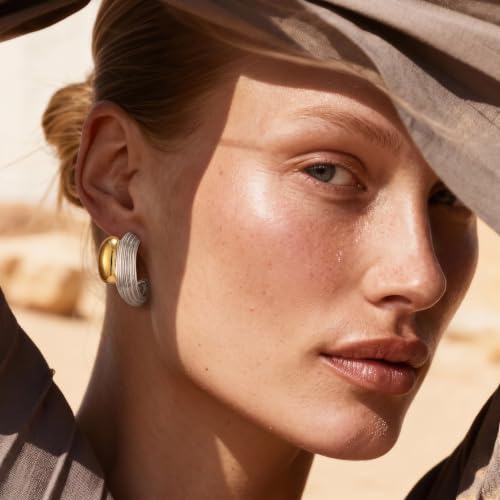 Two Tone Gold Silver Hoop Earrings Mixed Metal Open C Hoop Earrings - color: Chunky Ribbed