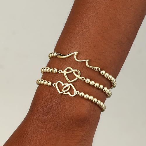 Beaded Bracelets for Women 14K Silver Gold Plated Stretch Handmade Ball Bracelets Cute Charm Bracelet Dainty Stackable Cross Heart Bow Wave CZ Circle Trendy Jewelry Easter Gifts - color: Gold-5