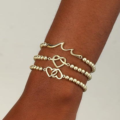 Beaded Bracelets for Women 14K Silver Gold Plated Stretch Handmade Ball Bracelets Cute Charm Bracelet Dainty Stackable Cross Heart Bow Wave CZ Circle Trendy Jewelry Easter Gifts - color: Gold-5