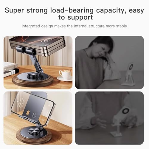 Adjustable Cell Phone Stand,360 Rotating Foldable Desktop Cellphone Stand with Anti-Slip Base Portable Phone Holder for iPhone 16 15 14 13 Pro Max, All Smart Phones, iPad (Wood)
