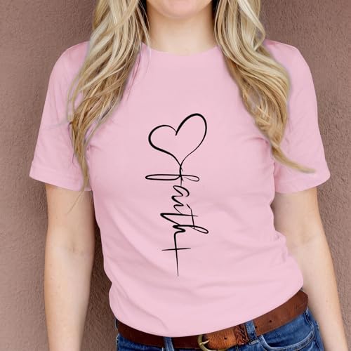 KIEKIECOO Faith Christian Shirts for Women Religious Crewneck Tshirts Cotton Graphic Tees Bible Verse Casual Summer Tops - color: Pink, size: X-Large