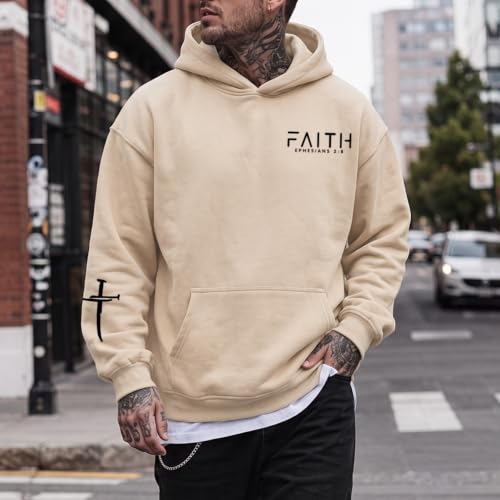 Christian Hoodies for Men Faith Cross Graphic Hoodie Jesus Fleece Sweatshirts Bible Verse Religious Pullover Tops - color: Apricot, size: Medium