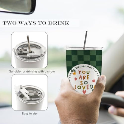 Green Checkered Inspirational Kids 20oz Travel Coffee Mug Tumbler - color: youare