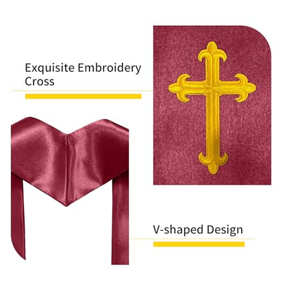 Priest White Stole 60 Inch Gold Cross Embroidery Church - color: Marooon Stole + Gold Cross