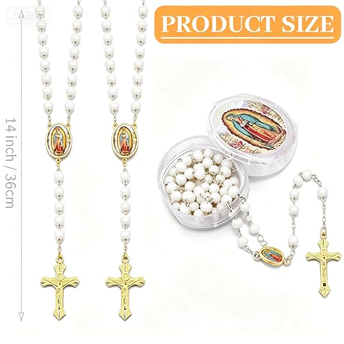 48 Pcs Scented Rosary Necklace Set with Gift Box – Wooden Bead Rosary with Crucifix for Women & Men, First Communion, Baptism, Party Favors - color: White Glod