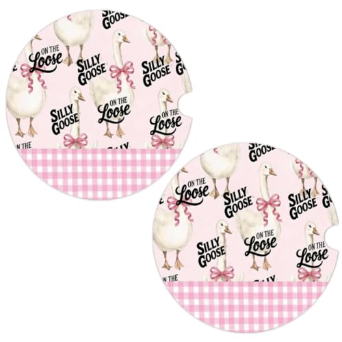 Pink Plaid Car Coasters Set of 2, Cute Goose Car Accessories, 02 - color: Cute Goose
