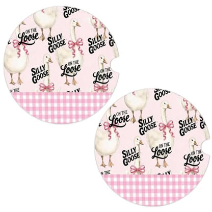 Pink Plaid Car Coasters Set of 2, Cute Goose Car Accessories, 02 - color: Cute Goose