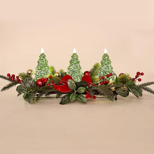 Christmas Table Centerpiece with LED Lights, Green Xmas Tree Decoration, Red Berry, Christmas Balls for Holiday Party, Home, Fireplace - color: Green Tree