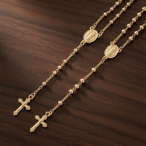 Nazareth Store 18K Gold Plated Rosary Necklace Our Lady of Guadalupe Rosaries Bead Cross Y Necklace Chain for Women - size: 3 Mm Gold