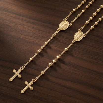 Nazareth Store 18K Gold Plated Rosary Necklace Our Lady of Guadalupe Rosaries Bead Cross Y Necklace Chain for Women - size: 3 Mm Gold