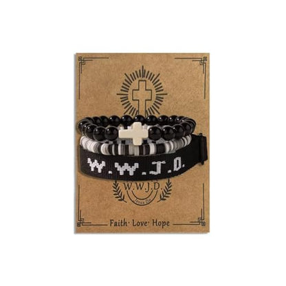 WWJD Bracelets Set WWJD Wristbands Christian Cross Bracelet Stackable Clay Bead Bracelets Stretch Glass Beaded Inspirational Christian Jewelry Gift for Couples Women Men - color: 3PCS Black