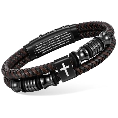 Christian Brown Leather Bracelet for Men - Double-Row Braided Leather Faith Cross Bracelets Bangle Religious Baptism Inspirational Bible Verse Jewelry Gift for Young Men Teenage, Adjustable Wristband - color: Lord's Prayer