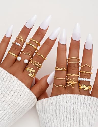 Gold Stackable Rings Set for Women, Gold Plated Chunky Crystal Finger Rings - color: Flower Gold