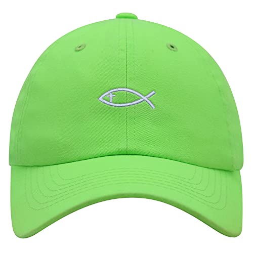 JPAK Jesus Fish Symbol Premium Dad Hat Embroidered Cotton Baseball Cap Symbol of Christianity - color: Neon Green