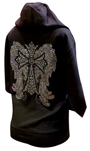 Black and Silver Rhinestone Cross and Angel Wings Black Zipper Hoodie - size: X-Large