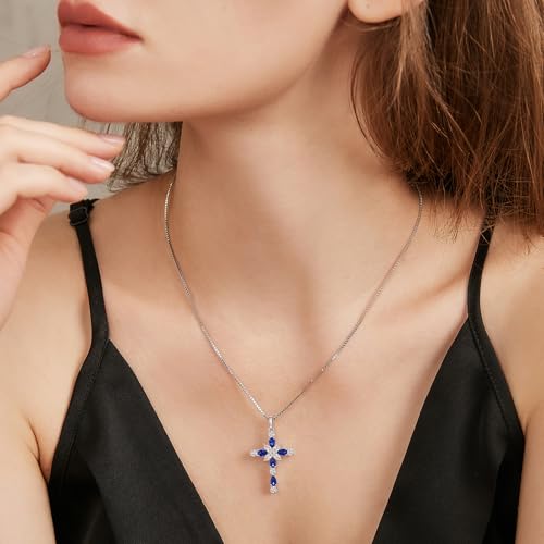 925 Sterling Silver Cross Necklace for Women，Birthday Delicate Star Cross Necklace Jewelry Gifts for Women，Birthstone Religious Jewelry for Mom, Chain 18 inch - color: I. 9. Blue-September-Sapphire