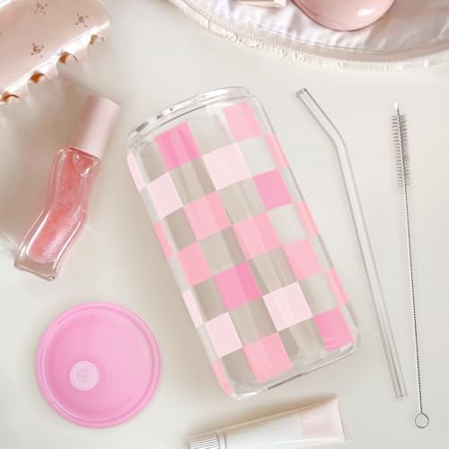 SANDJEST Checker 16 Oz Can Glass Tumbler with Acrylic Lid and Straw - Iced Coffee Cups for Women, Aesthetic Glass Cup Gift for Birthday Christmas - color: Checker 2