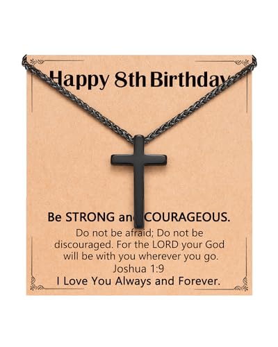 Birthday Gift Cross Necklace for Boy 8–30 Year Old with Joshua Card - style: 8th birthday