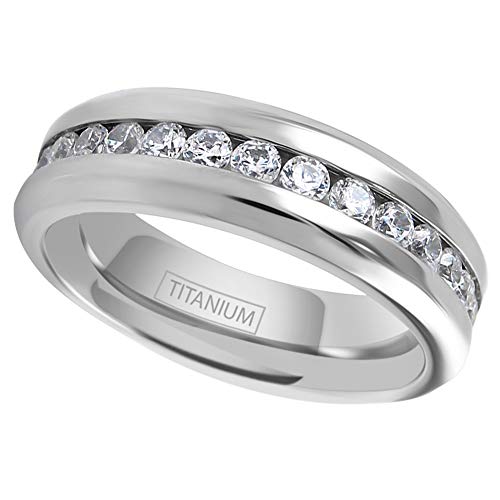 KING'S CROSS Personalized Engraved Dazzling 7mm Ultra-Light Brilliant Polished Titanium Cubic Zirconia (CZ) Eternity Band Ring with Beveled Edges.