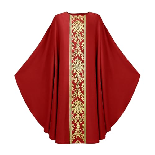 Priest Religious Robe Cosplay Costume Vestment Robe Mass Round Collar Chasuble Robe with Pastor - color: Red