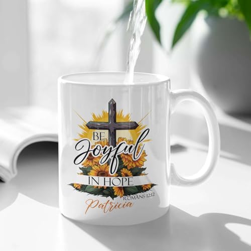 Customized Christian Mug With Name, Be Joyful In Hope Accent Cup, Custom Sunflower And Cross Design Mug, Personalized Religious Ceramic Cup, Christian Themed Mug 11oz Or 15oz - color: TRI-1223-1144-BE JOYFUL IN HOPE MUG