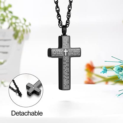 Cremation Cross Necklace for Ashes Stainless Steel Cross Urn Pendant Ashes Holder Memorial Jewelry-With Me Always - style: Lord's Prayer-Black2