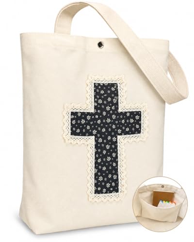 Christian Tote Bag Gift for Women, Canvas Bible Bag Handmade Floral Cross - color: Cream-soft Sage Petal