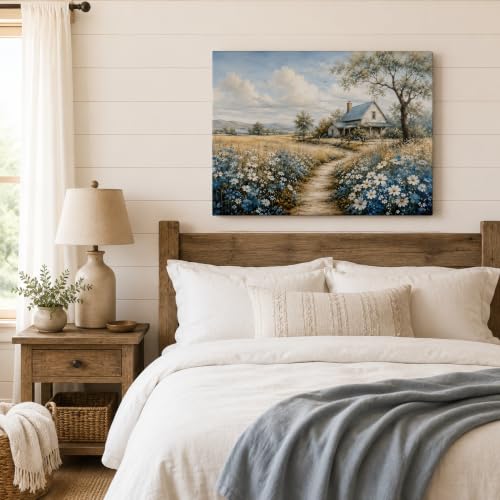 Farmhouse Landscape Framed Canvas Wall Art Wildflower Picture 12x16 Inches - color: Farmhouse Landscape, size: 16"L x 12"W