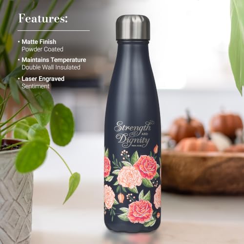 Christian Art Gifts Stainless Steel Double Wall Vaccum Sealed Water Bottle for Women: Strength & Dignity - Prov. 31:25 Inspirational Bible Verse, Leak-proof, BPA-free, Navy/Pink Rose Floral, 17 oz. - color: Pink Rose - Strength & Dignity