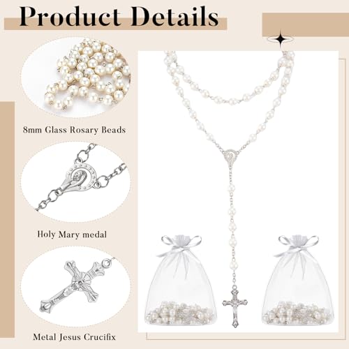 ROCEEI 24 Set Catholic Rosary Bead Bulk 8mm Glass Pearl Beads - color: White
