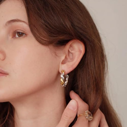 Two Tone Gold Silver Hoop Earrings Mixed Metal Open C Hoop Earrings - color: Heart