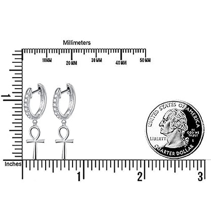 S925 Sterling Silver Ankh Cross Huggie Hoop Dangle Drop Earrings