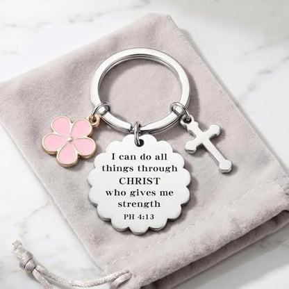 Christian Gifts for Women Girl, Baptism Confirmation Gifts for Teen Girl, Bible Verse Keychain for Birthday Christmas - color: Silver - Ph 4:13