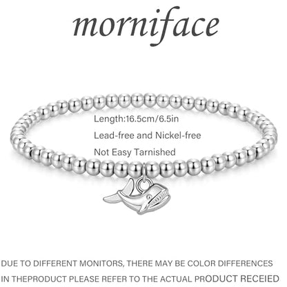morniface Beaded Bracelet for Women, Handmade Stretch Bracelet with Charms, Dainty Stackable and Trendy Jewelry Gift - style: Silver Beaded-shark