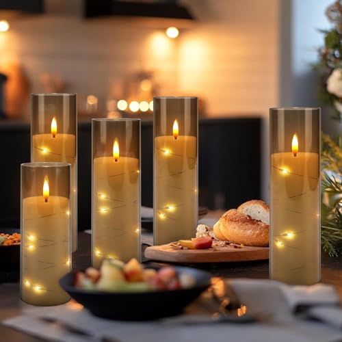 24-Pack Gray Flameless Candles with Remote Control, Battery-Powered LED Candles with Embedded Star String Lights & Realistic Flickering Flame. with Timer for Christmas, Home, Wedding, Fireplace Mantle - color: 24String-Grey