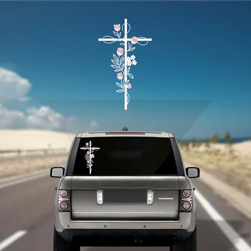 Floral Christian Cross Car Decal for Women - color: Floral Cross Decal