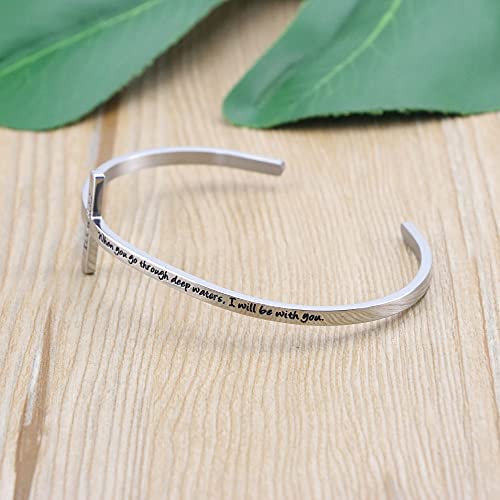 Memgift 𝐂𝐫𝐨𝐬𝐬 𝐁𝐫𝐚𝐜𝐞𝐥𝐞𝐭 Religious Cuff Bangle 𝐁𝐢𝐛𝐥𝐞 𝐕𝐞𝐫𝐬𝐞 Christian Gifts Jewelry for 𝐖𝐨𝐦𝐞𝐧 - style: Silver cuff-when you go through deep waters, I will be with you -Isaiah 43:2
