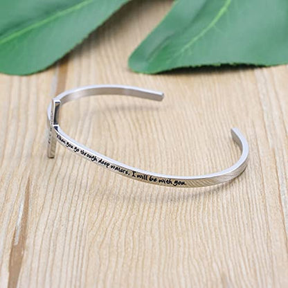 Memgift 𝐂𝐫𝐨𝐬𝐬 𝐁𝐫𝐚𝐜𝐞𝐥𝐞𝐭 Religious Cuff Bangle 𝐁𝐢𝐛𝐥𝐞 𝐕𝐞𝐫𝐬𝐞 Christian Gifts Jewelry for 𝐖𝐨𝐦𝐞𝐧 - style: Silver cuff-when you go through deep waters, I will be with you -Isaiah 43:2