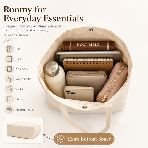 Christian Tote Bag Gift for Women, Canvas Bible Bag Handmade Floral Cross - color: Cream-brown Cream Blossom