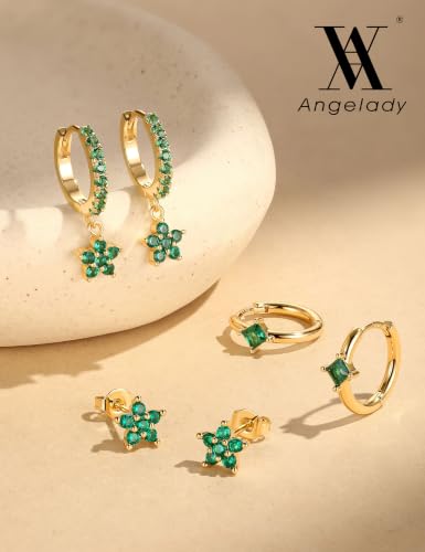 Angelady Gold Hoop Earrings Set for Women, Dainty 14K Gold Plated Flower Moon Cross Dangle Earrings, Hypoallergenic Huggie Hoop Earring Stacks, Stud Earrings for Women Trendy Jewelry Gift - color: Gold Green CZ