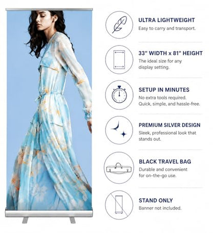 Custom Retractable Roll-Up Banner Stand with Black Carrying Bag, Silver Aluminum Display，Custom Banner for Trade Show Exhibition, Business Events & Store Displays, 33.5" x 80" (Printing Included) - size: 33 ½" x 80 inch (Printing Included)