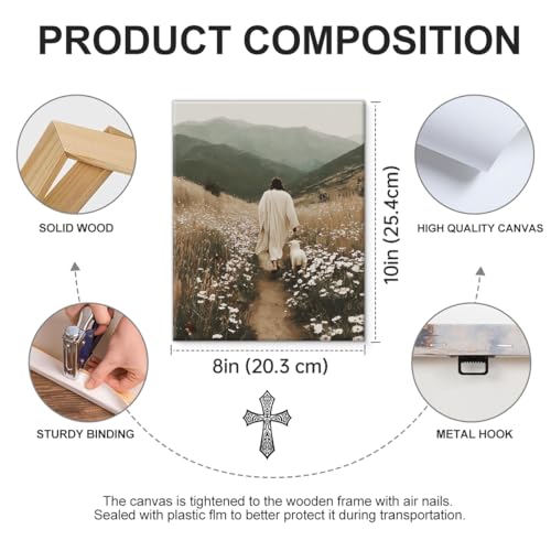 Christian Jesus and Lost Lamb Wall Art Decor - Jesus the Good Shepherd Canvas Print Picture Religious Wall Decor for Home Farmhouse Prayer Room 8x10 Inch Framed - color: color-L