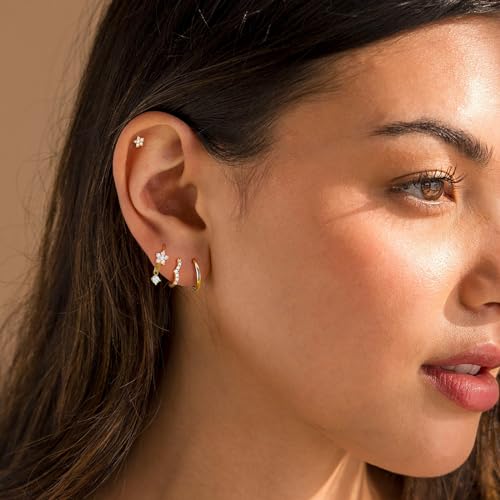 3 Pairs Gold Silver Earrings Stack Cross Paperclip Moon Chain Hoops - color: Gold-4 Pairs flower dangle earring set