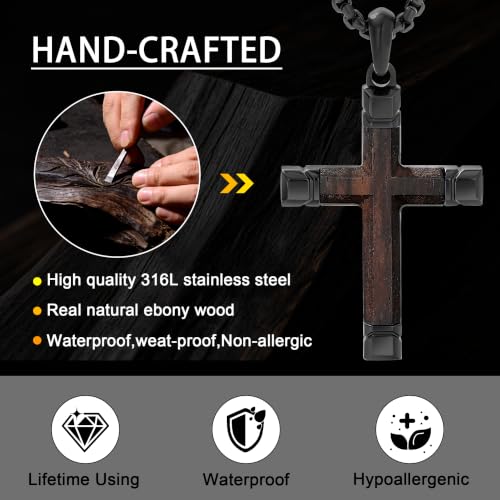 Wooden Cross Necklace for Men with Stainless Steel Adjustable Chain 24-26in, Christian Wood Crucifix Pendant Gift for Him - style: Ebony5