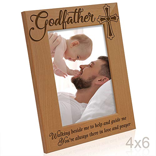KATE POSH - Godfather Engraved Natural Wood Picture Frame, Cross Decor, Baptism Gifts, Religious Catholic Gifts (4" x 6" Vertical) - size: 4x6 Vertical (Godfather)