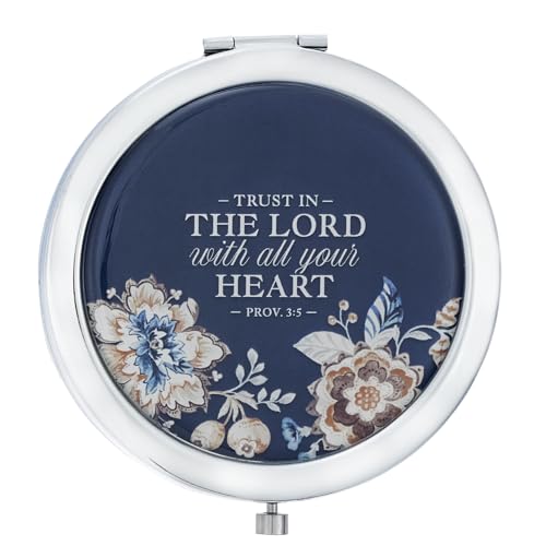 Christian Art Gifts Inspirational Portable Floral Makeup Compact Mirror for Women: Trust in the Lord Bible Verse, 1x/2x Magnification Chrome Cute Double-sided Case for Travel, Navy Blue & White Floral - color: Trust in the Lord