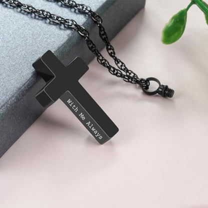 Cremation Cross Necklace for Ashes Stainless Steel Cross Urn Pendant Ashes Holder Memorial Jewelry-With Me Always - style: With Me Always-Black-Gift Box