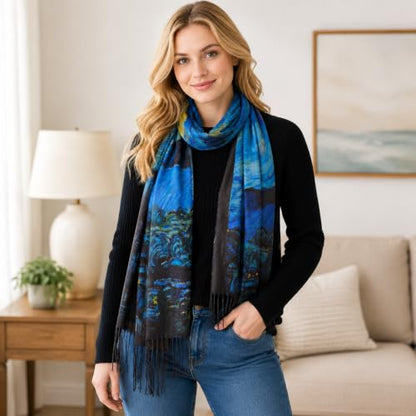 Umjetnost Soft Cashmere Feel Scarf For Women Winter Warm Scarves Large Shawl Wrap Monet Van Gogh Art Print - color: C05 Blue&black